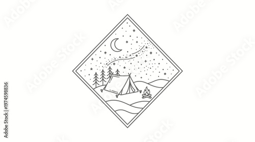 Camping under starry night sky with tent and trees