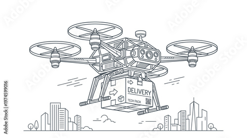 Drone delivering package over cityscape with tech pack label