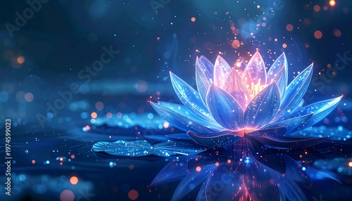 A serene, futuristic lotus flower blooms in a mystical, glowing environment