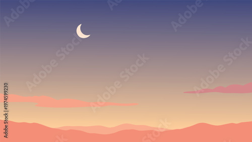 A serene crescent moon hangs over a colorful mountain landscape