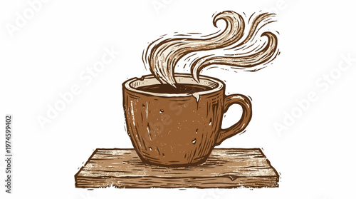 Brown coffee cup on wooden table with steam rising