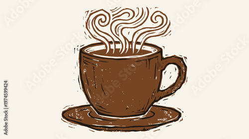 Brown coffee cup on saucer with steam rising hot beverage