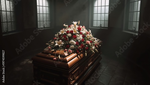 A flower-adorned casket in a morgue.