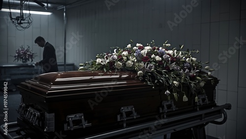 A flower-adorned coffin in a mortuary.