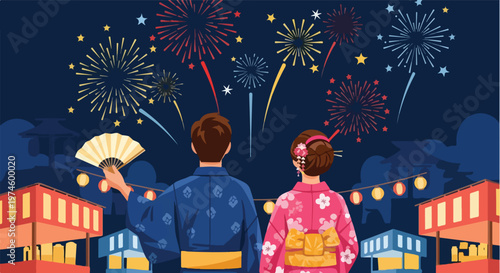 Couple in traditional clothing watching colorful fireworks display at a festival