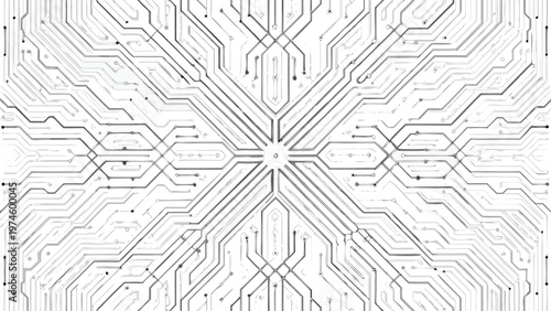 Intricate circuit board pattern with symmetrical lines and connections
