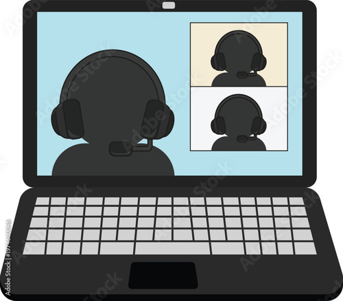 Flat vector illustration of a laptop displaying a video conference call with multiple participants wearing headsets.Ideal for concepts of teleconferencing, online collaboration, and call centers