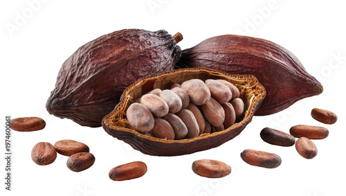 Photos Dark brown cocoa pods and beans one pod split open, isolated on transparent back