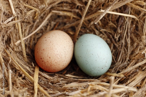 Two Chicken Eggs in Nest Top View Natural Organic Farm Concept