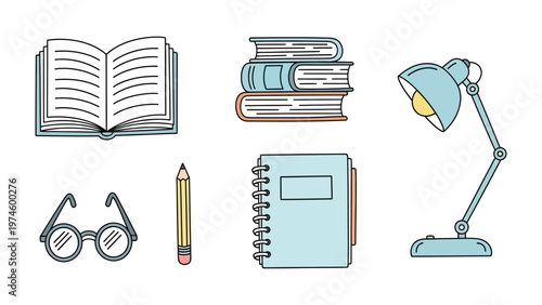 Literary Essentials: An illustration of a collection of essential tools for academic pursuits and intellectual exploration.