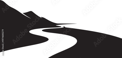 Minimalist black and white landscape with winding river path