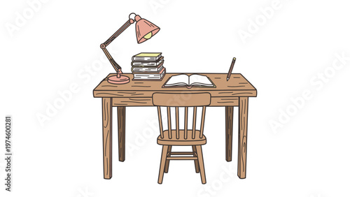 Study Desk with Books and Lamp: A classic wooden desk setup, complete with a stack of books, a focused desk lamp, and an open book inviting intellectual exploration.