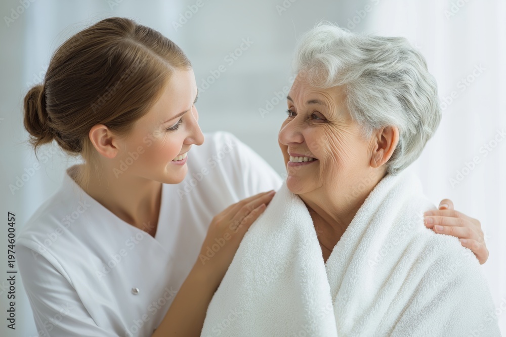 Fototapeta premium Nurse Wrapping a Towel Around a Smiling Senior Woman