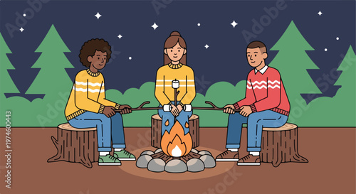 Three friends sit on tree stumps roasting marshmallows over a campfire at night