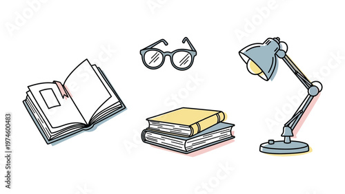 Academic essentials still life: A clean, minimalistic illustration captures a selection of items essential for study, featuring books, a reading lamp, and eyeglasses.