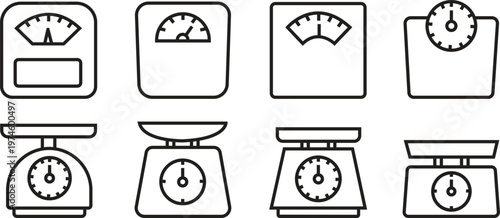 Weight scale icon set. Simple kitchen vectors. Black outline silhouette kitchen food weight tools. Kilograms. Fitness scale for body weight. Mass signs and symbols. Health concepts measurement.