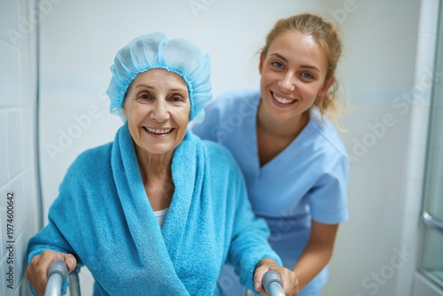 Smiling Caregiver and Senior Woman with a Walker in Bathroom