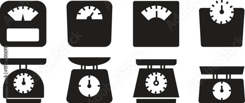 Weight scale icon set. Simple kitchen vectors. Black flat silhouette kitchen food weight tools. Kilograms. Fitness scale for body weight. Mass signs and symbols. Health concepts measurement.