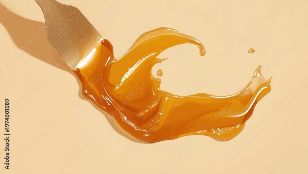 Fototapeta premium Beige backdrop with a spatula spreading liquid sugar wax.