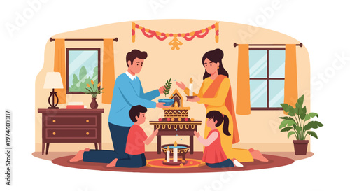 A family kneeling on the floor to perform a traditional Indian prayer ceremony