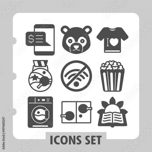 Set of nine solid glyph icons depicting mobile finance, sports, domestic life and education concepts on white background. Ideal for web, digital projects and print media.