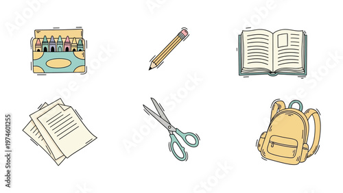 Back to School Essentials: A carefully curated collection of school supplies arranged, ready for a fresh start with open book, sharp pencil, pair of scissors and other.