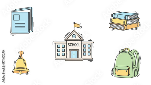 Back to School Essentials: A collection of school-related icons, including a building, backpack, bell and books, is ready to signify the return to learning. 