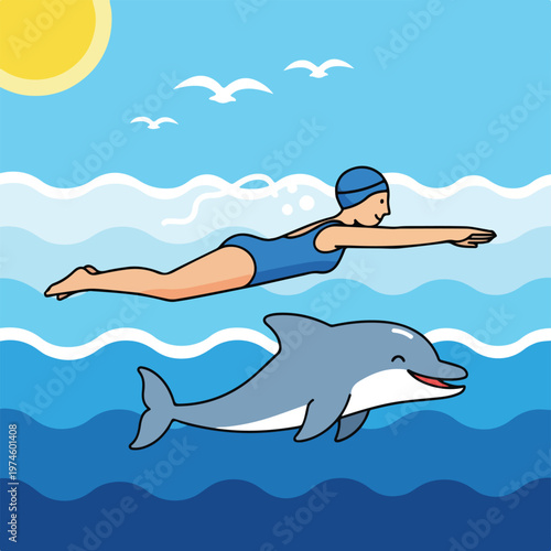 A person in a blue swimsuit swims underwater alongside a friendly gray dolphin