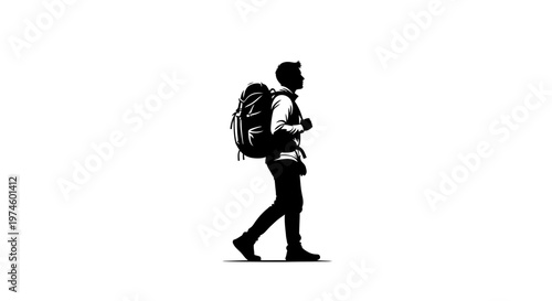 Silhouette of a hiker with a large backpack walking against a white background