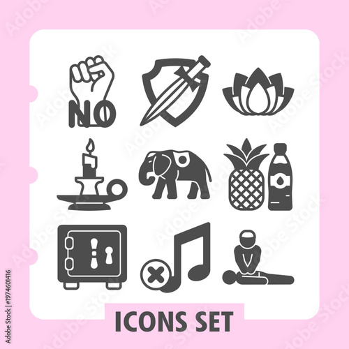 Set of nine solid glyph icons covering protest, defense, spirituality, nature, security and first aid concepts on white background. Ideal for web, digital projects and print media.
