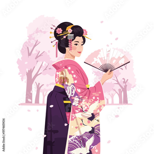 A beautiful woman in a traditional pink kimono posing under blooming cherry trees