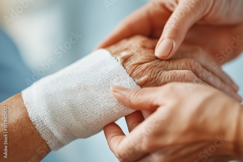 Nurse Applying a Bandage to an Elderly Woman's Wrist