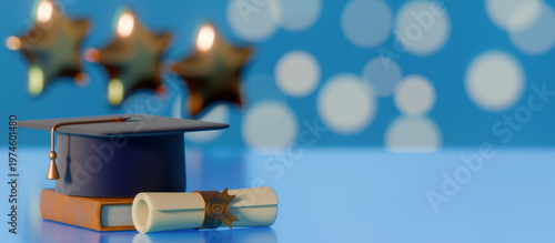 3D Graduation Concept with Cap, Diploma, and Book on Blue Background