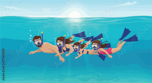 A family swimming together underwater while wearing snorkeling gear in the ocean