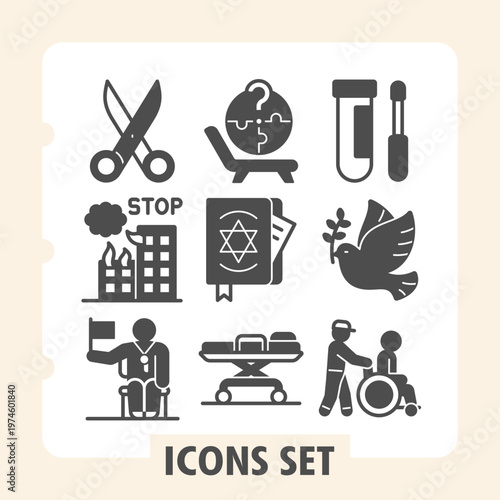 Set of nine solid glyph icons presenting medicine, peace, crisis and social care concepts on white background. Ideal for web, digital projects and print media.