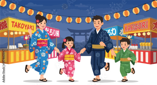 A happy Japanese family in yukata walking at a night festival with food stalls