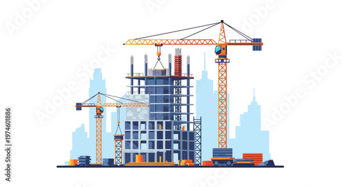 Modern Skyscraper Construction Site with Cranes.