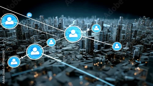 Cityscape with network connections and profiles.