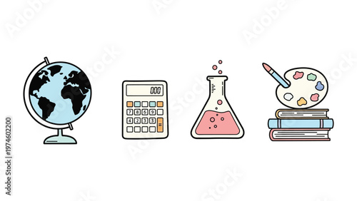 Study Essentials: A collection of essential academic tools, including a globe, calculator, beaker, and palette, symbolizing the diverse facets of learning and discovery.