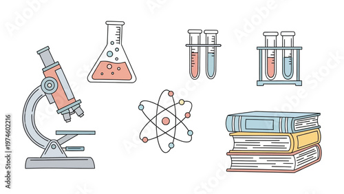 Science Instruments Illustrations: A captivating collection of science instruments and academic resources comes together in a harmonious arrangement, revealing the essence of the science world.