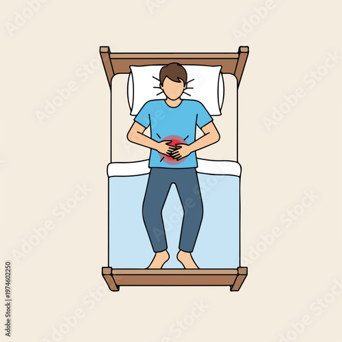 A person lying in bed holding their abdomen, indicating pain or stomach discomfort