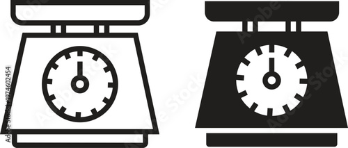 Weight scale icon set. Simple kitchen vectors. Black flat and outline silhouette kitchen food weight tool. Kilogram. Fitness scale for body weight. Mass signs and symbols. Health concepts measurement.