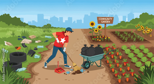 A volunteer sweeps debris near a community garden next to a city skyline view