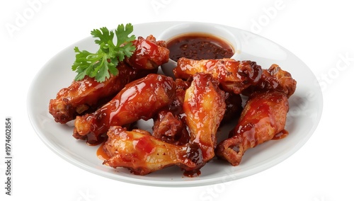 Chicken wings with sweet chili sauce on a plate, set against a white background.
