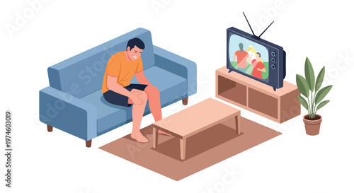 A man sitting on a sofa in his living room holding his painful, aching knee area