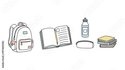 Back to School Essentials: A collection of essential school supplies, including a backpack, book, water bottle, pencil case, and stack of books, are arranged in a clean and organized manner.