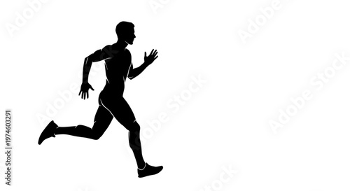 Silhouette of a male runner in motion, athletic build, sprinting forward against a white background.