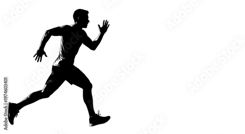 Silhouette of a male runner in motion, black and white, dynamic pose, athletic build, outdoor race