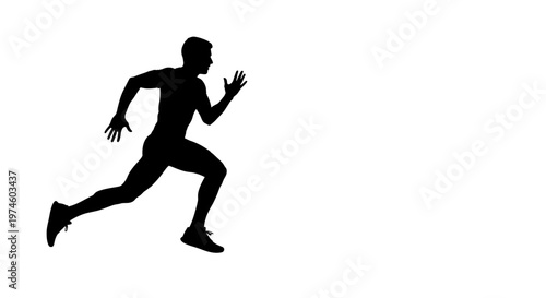 Silhouette of a male runner in motion, black on white background, dynamic athletic pose