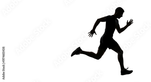 Silhouette of a male runner in motion, captured mid-stride against a white background.
